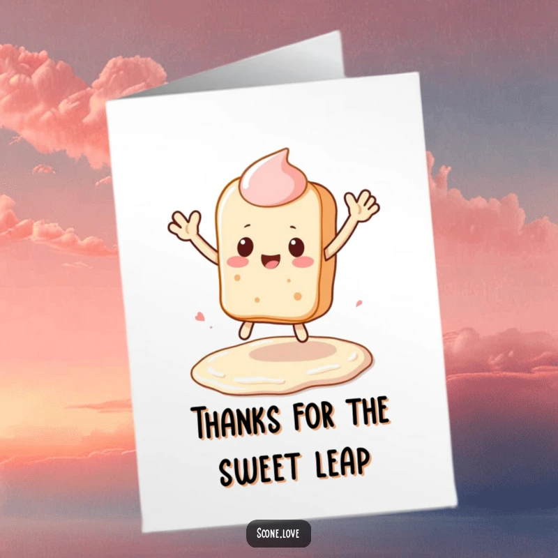 Funny Free Printable Thank You Card: Waving kawaii scone leaping over a frosting puddle, expressing thanks with a playful jump, downloadable gift.