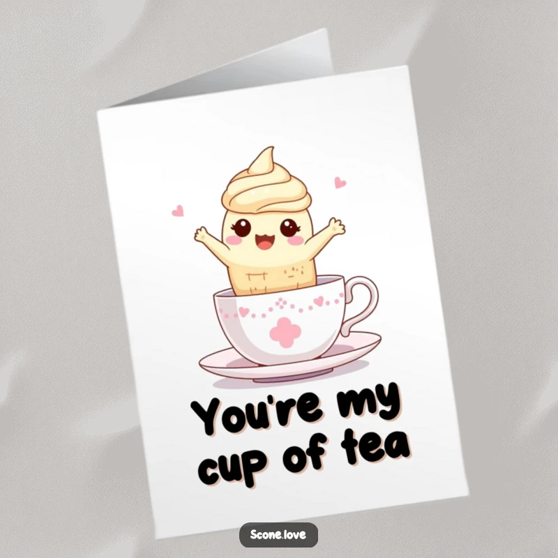Funny free printable thank you card of a kawaii scone leaping with delight into a teacup. A charming and downloadable expression of gratitude.