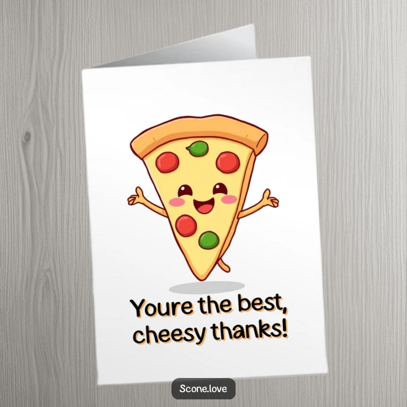 Funny Free Printable Thank You Card: A smiling pizza slice does a triumphant dance, celebrating your thanks.