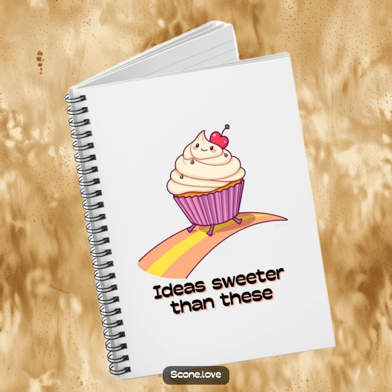 Funny notebook with a cheerful cupcake with tiny legs sliding down a rainbow, perfect for jotting down funny thoughts and ideas.