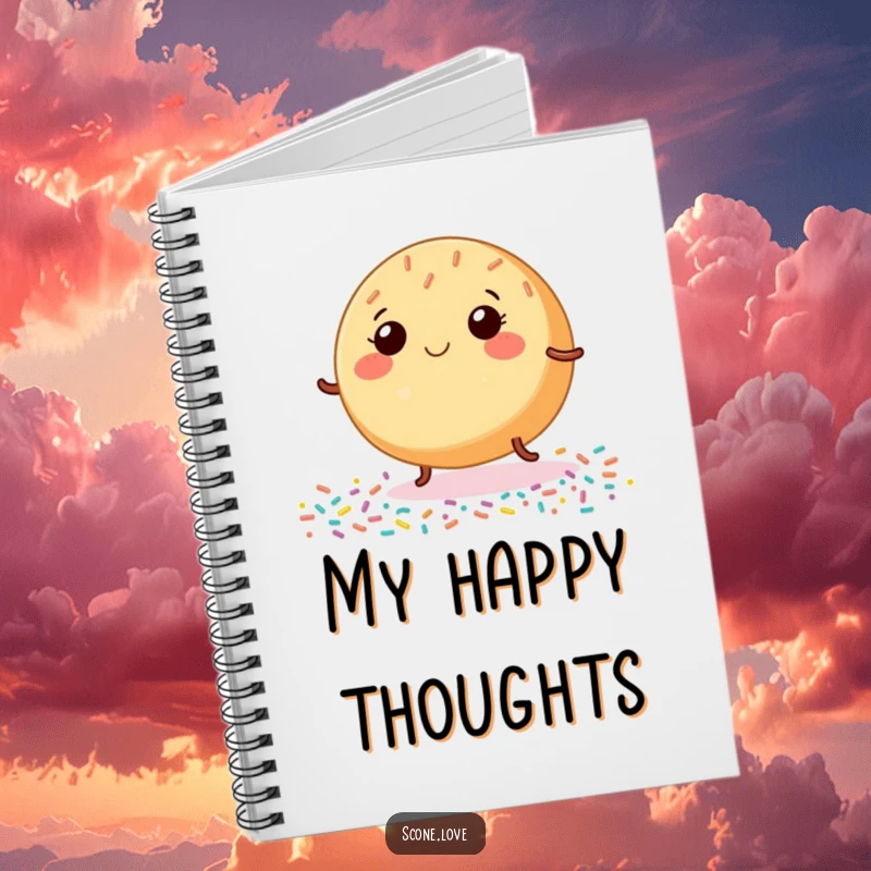 Funny Donut Notebook, showing a smiling baked good dancing with tiny legs on sprinkles, ideal for jotting down happy and creative ideas.
