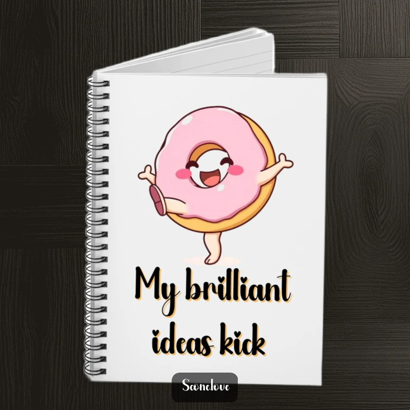 Funny notebook cover featuring a jubilant donut with its legs kicking high, inspiring positive thoughts and creative ideas.