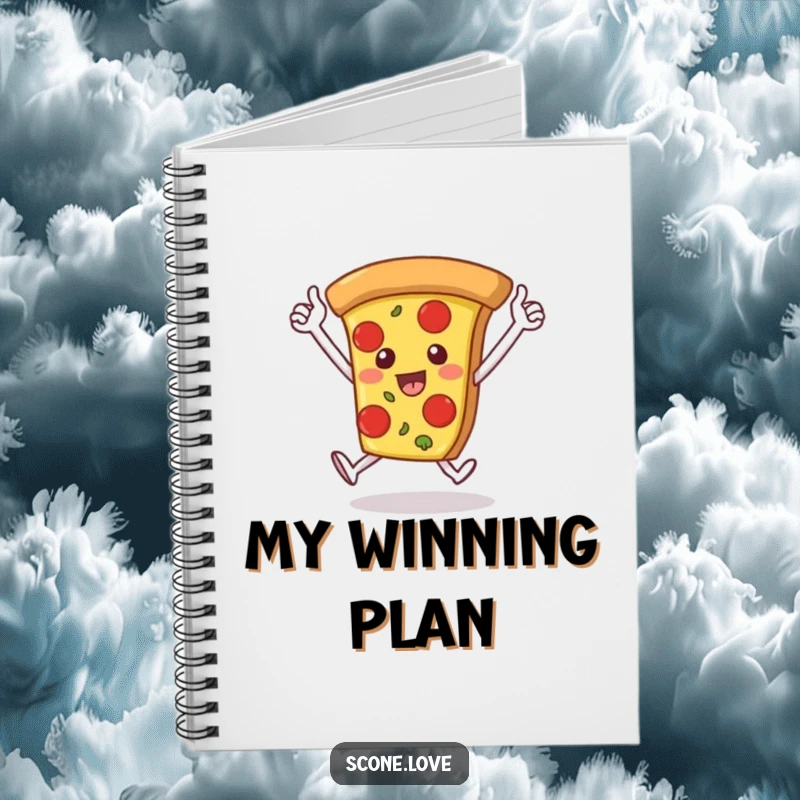 Funny notebook cover features a pizza slice running a victory lap with arms up, a humorous and motivational tool for journaling successes.