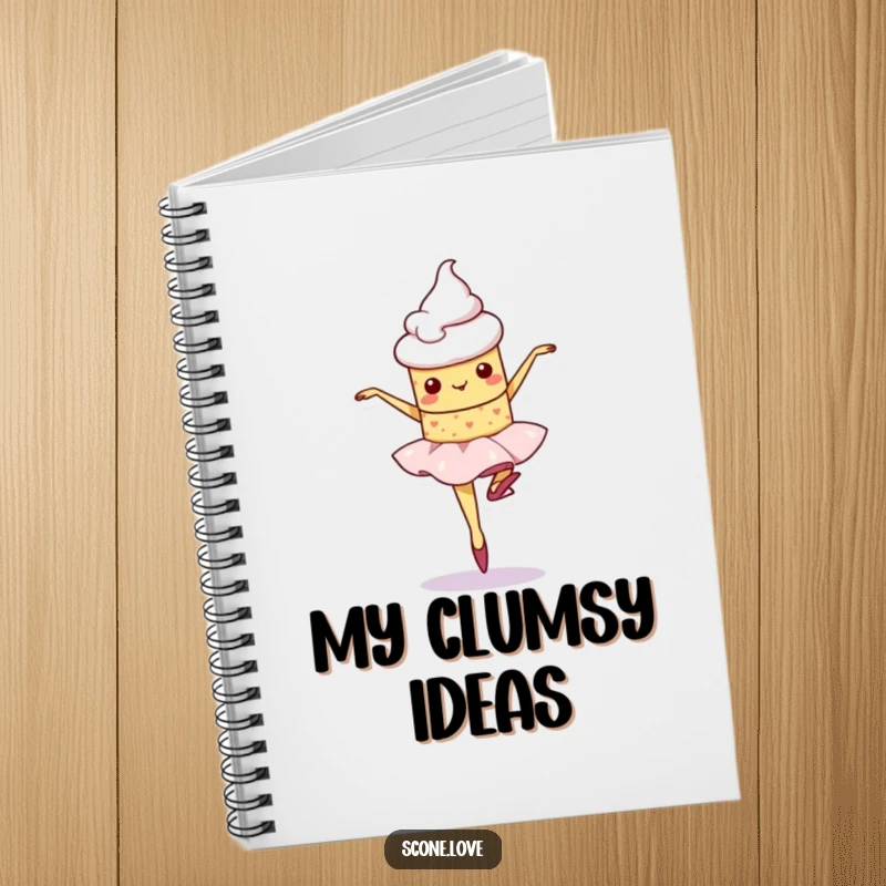 Funny kawaii scone character wobbling during a ballet pirouette, a whimsical design for this notebook.
