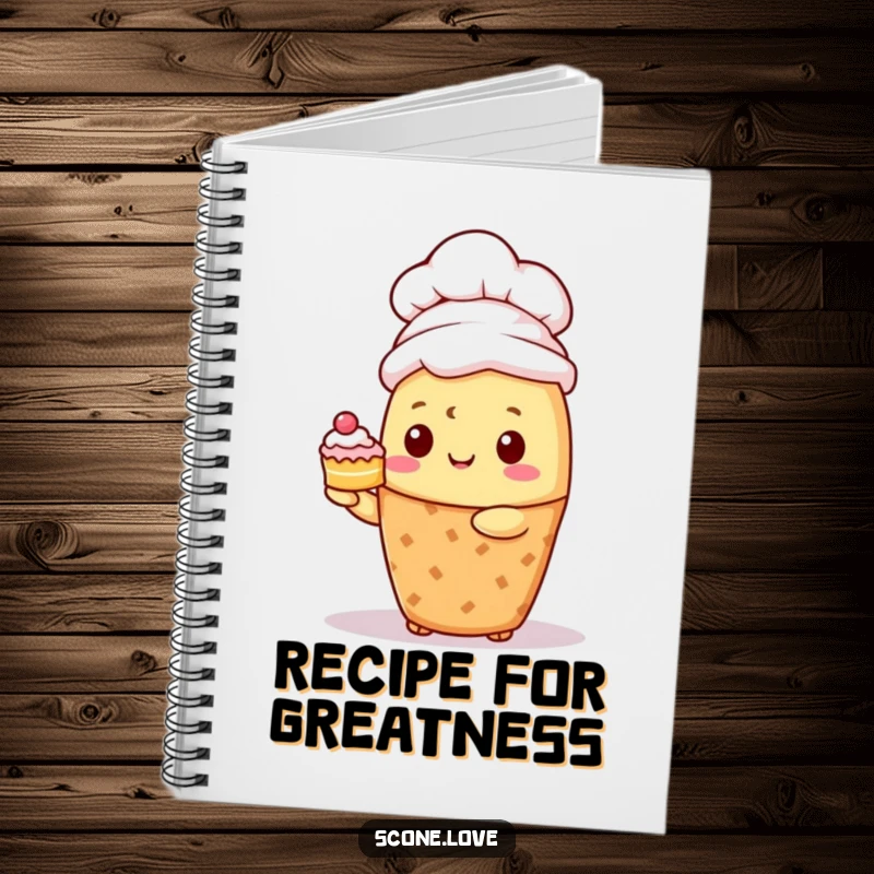 Funny Kawaii Scone Chef Notebook: A scone wearing a chef hat proudly holds a tiny cake, perfect for recipes.