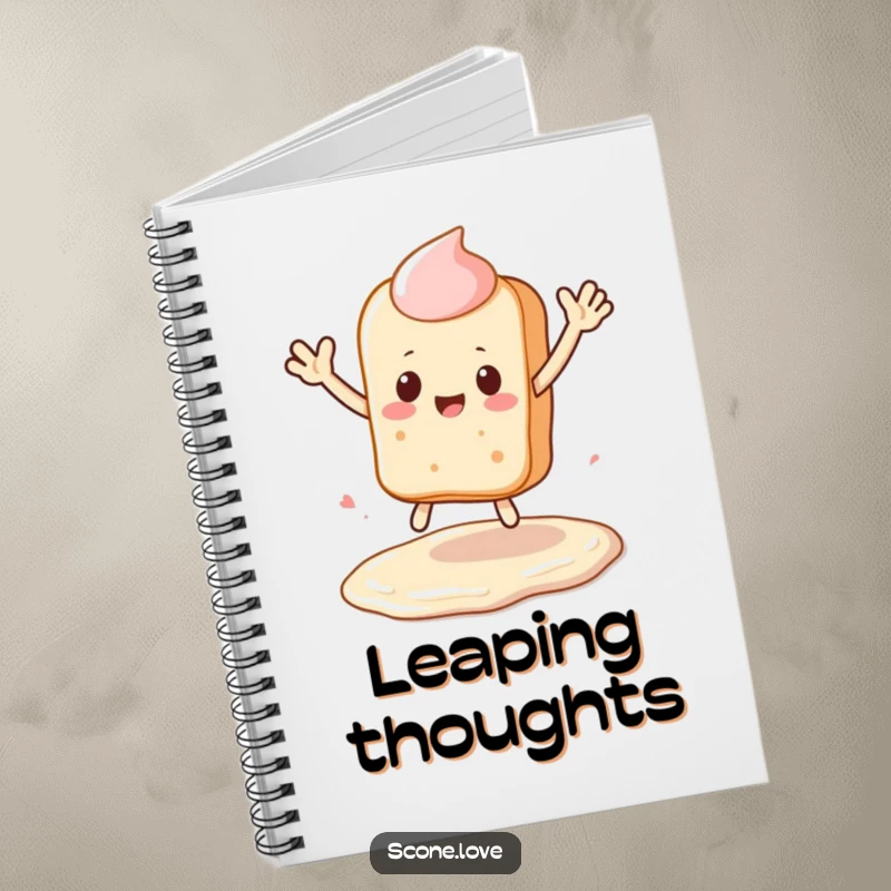 Funny Kawaii Scone Notebook: a scone leaps over a frosting puddle, waving, perfect for funny journaling.