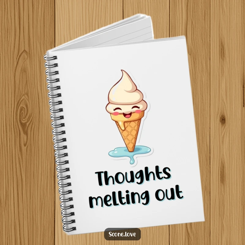 Funny notebook cover featuring a joyful, melting ice cream cone, ideal for capturing ideas and adding a sweet, happy element.