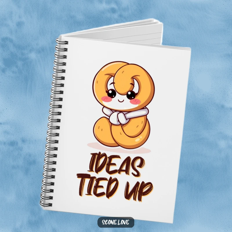 Funny notebook cover featuring a pretzel intently tying its own knot, perfect for capturing ideas and adding a humorous, motivational touch.