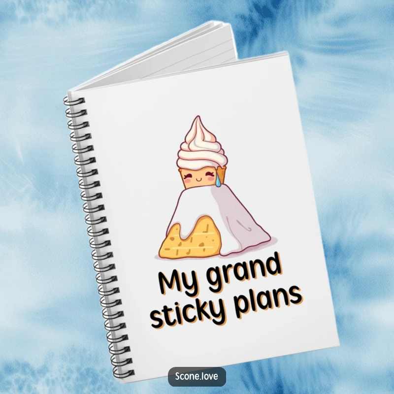 Funny notebook cover of a scone sweating as it climbs a whipped cream mountain, perfect for jotting down efforts.