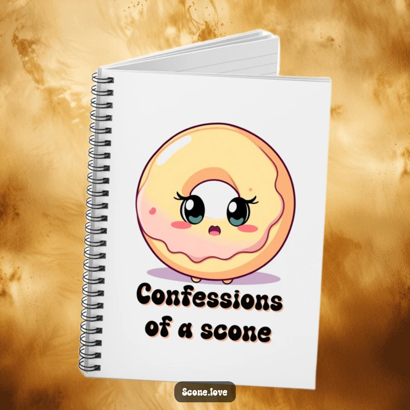 Notebook cover with a funny scone character expressing shock at a giant donut, ideal for note-taking fun.