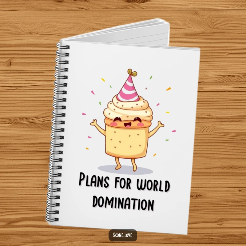 Funny scone with a party hat, dancing with confetti, on the cover of a notebook, ready for creative ideas.