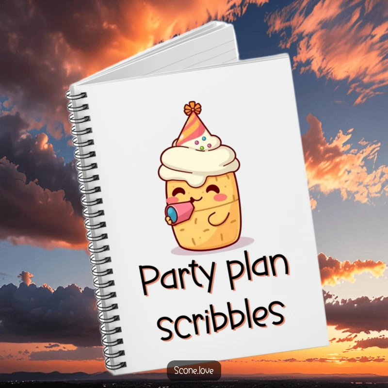 Funny notebook with a kawaii scone character in a party hat blowing a noisemaker, perfect for jotting notes with a side of baked goods festivities.