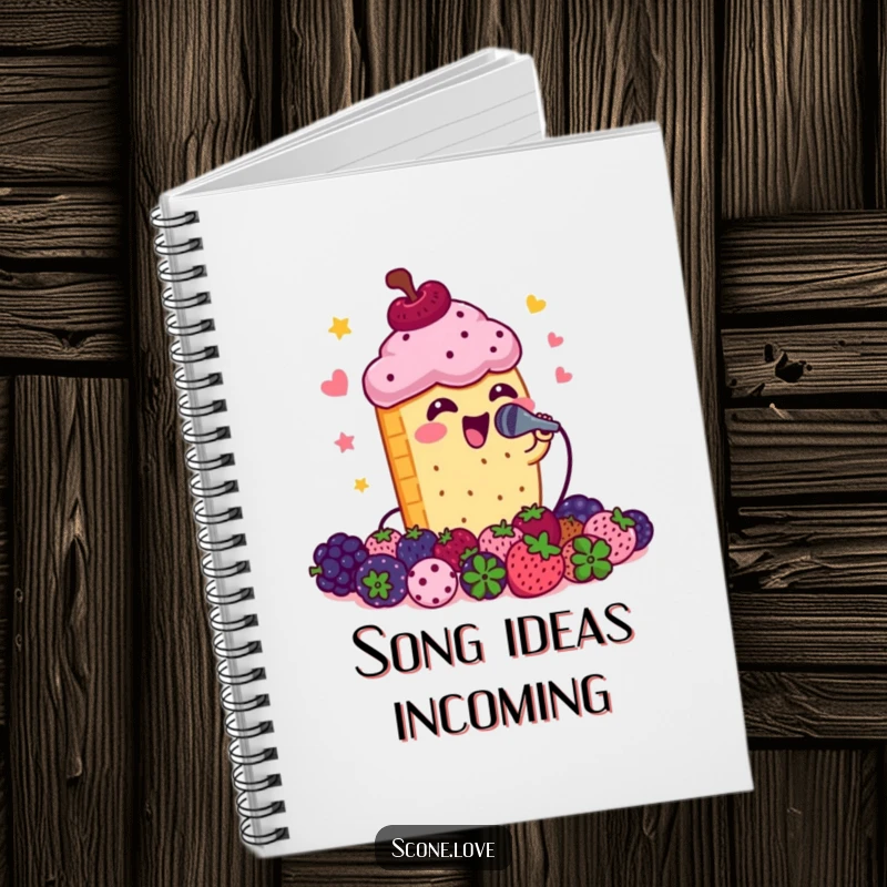 Funny scone singing into a microphone with berries listening, a humorous notebook for lyrics and ideas.