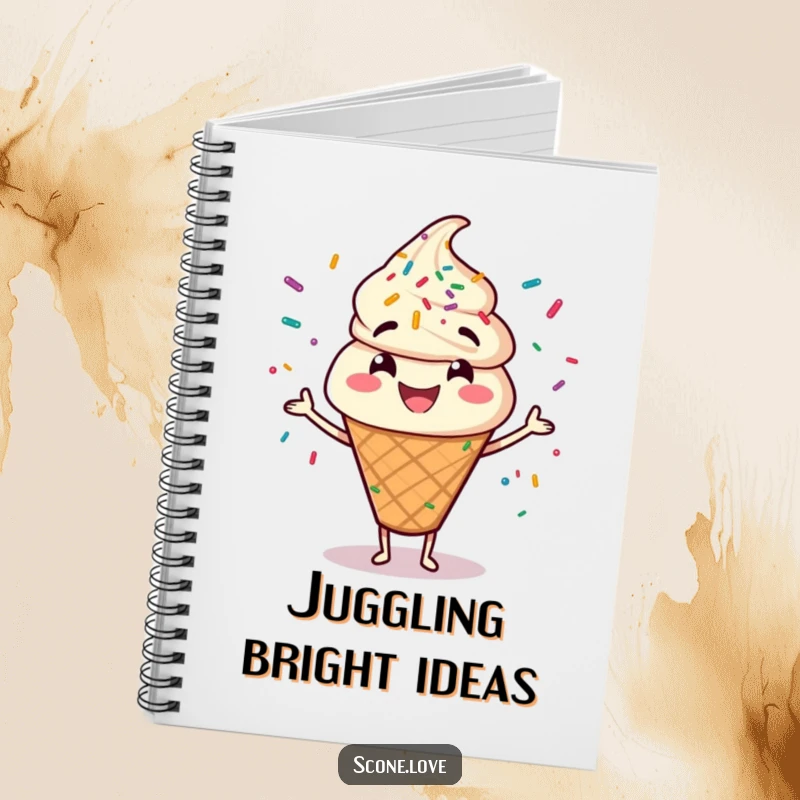Funny notebook cover with a scone character happily juggling a vibrant mix of colorful sprinkles.