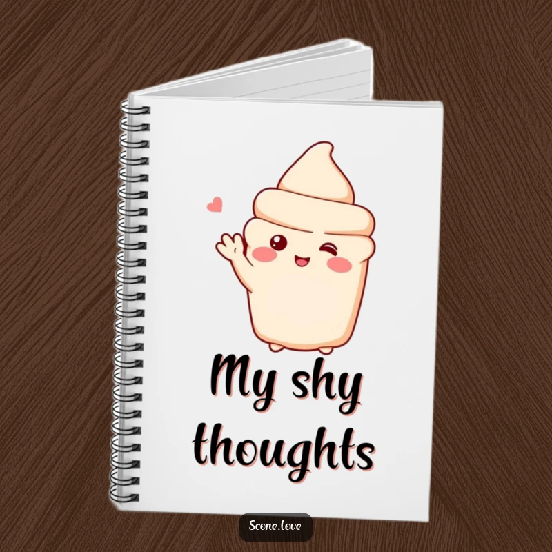 Funny notebook showcasing a shy scone character blushing and waving, perfect for journaling sweet thoughts.