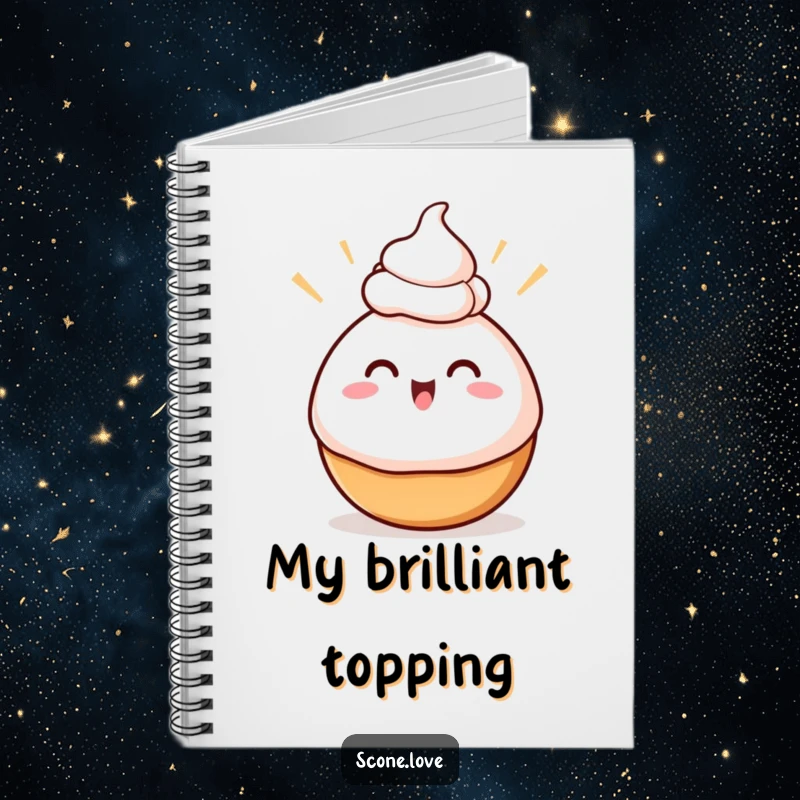 Funny Swirly Baked Good Notebook, showing excited swirls balancing cream on its head, ideal for jotting down sweet and creative ideas.