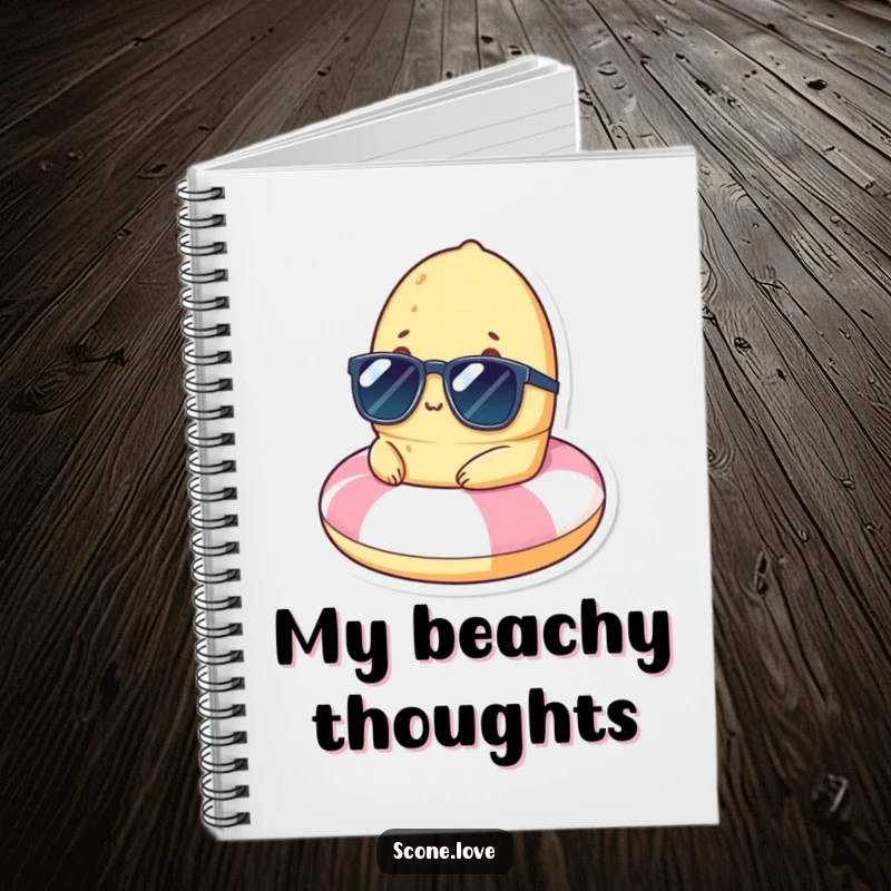 Notebook cover featuring a funny scone character wearing sunglasses, relaxing on a beach float, for jotting down cool ideas.