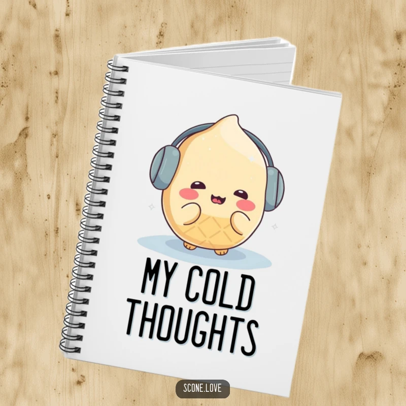 Funny kawaii scone character wearing earmuffs and shivering humorously, designed as a charming notebook cover.