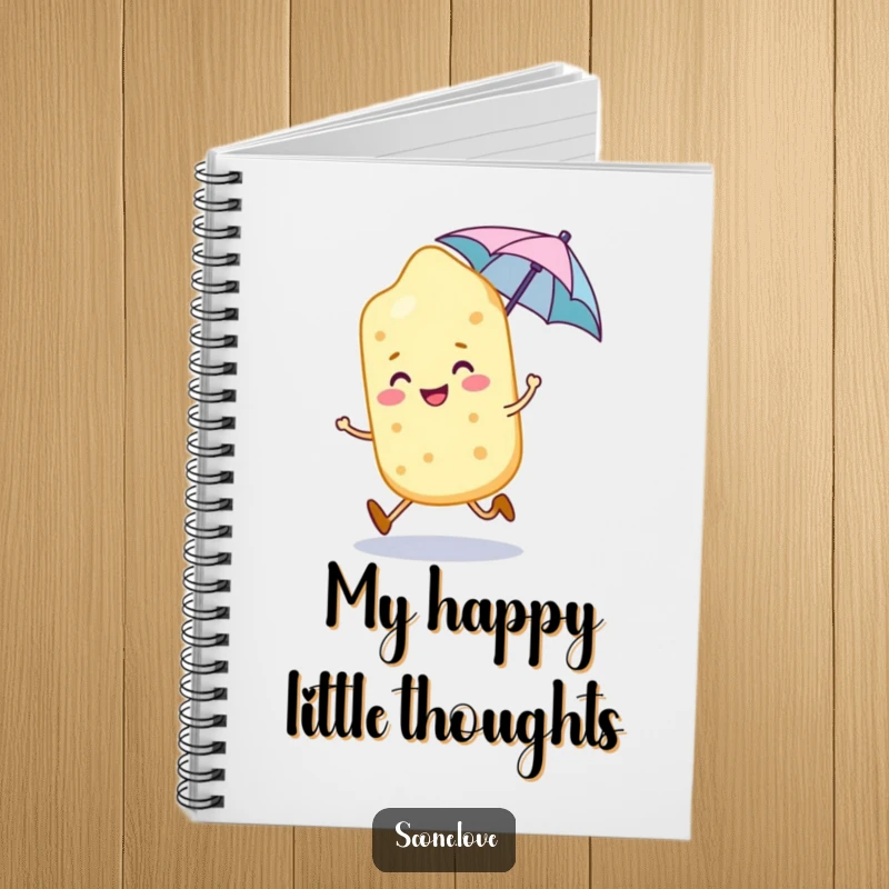 Funny scone character skips with a tiny umbrella, a whimsical design on this notebook.