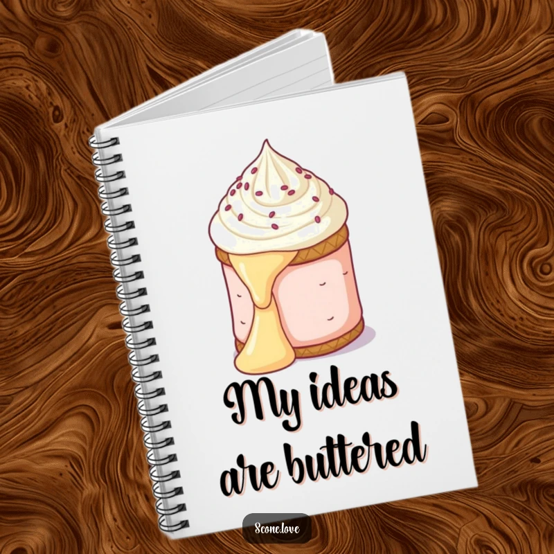 Funny notebook cover featuring a scone dramatically sliding down a butter pat, perfect for jotting down humorous thoughts.