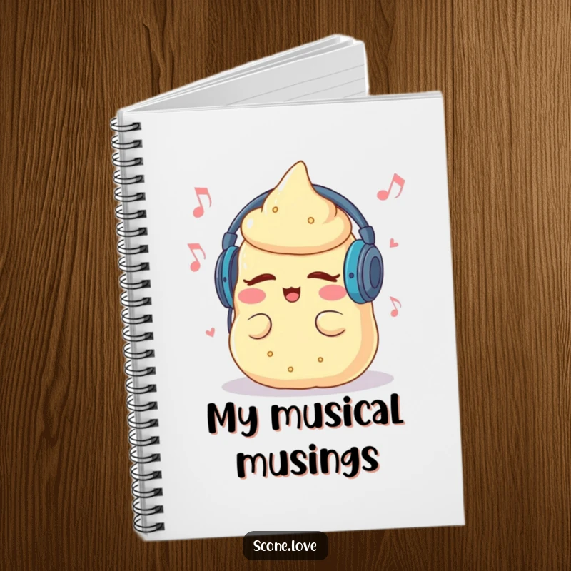 Funny notebook showcasing a scone with headphones, grooving, perfect for jotting down lyrics and ideas.