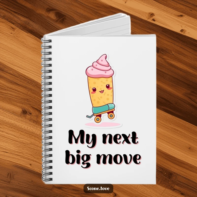 Funny Roller Skate Scone Notebook shows a scone with one roller skate, ready for a trick, ready for humorous note-taking.