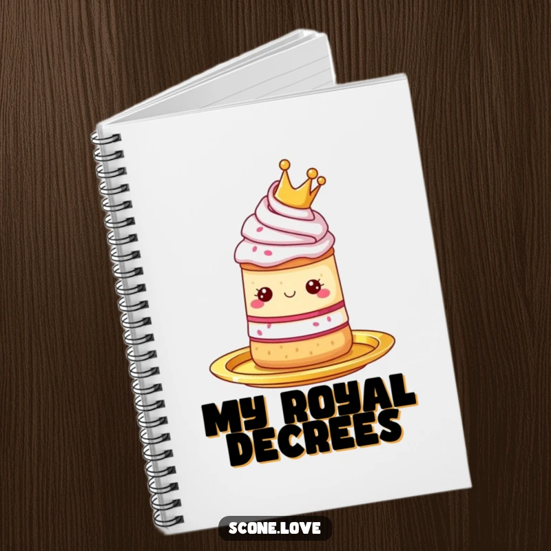 Funny notebook with a scone wearing a tiny crown, presented on a golden platter, perfect for jotting down regal ideas.