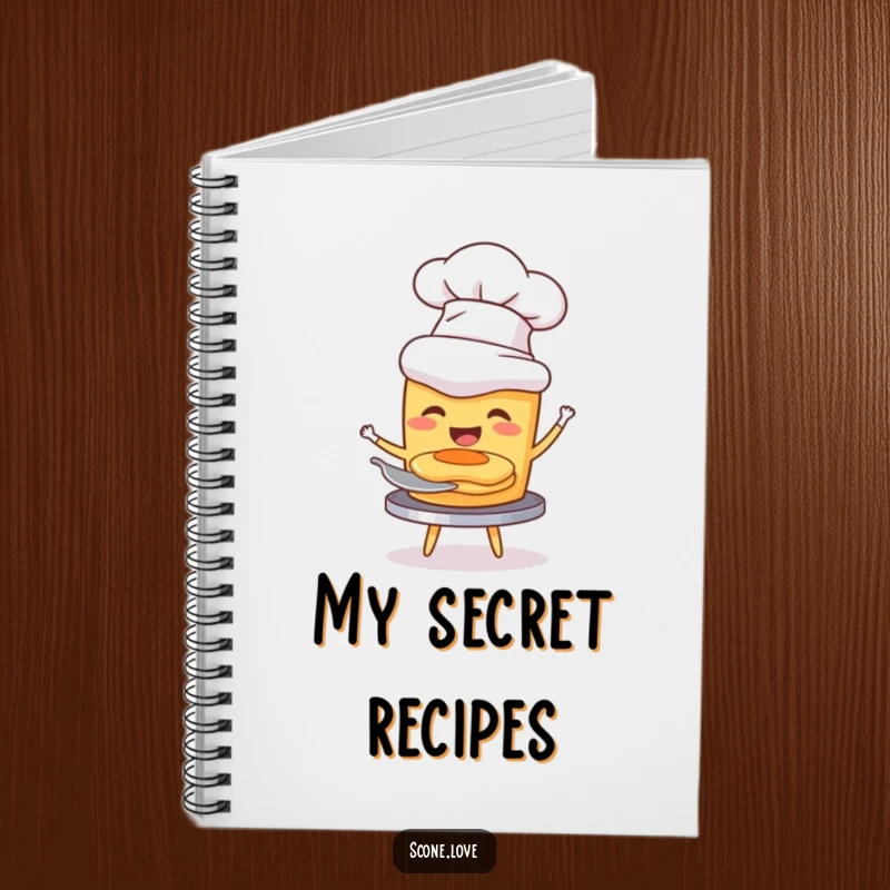 Funny notebook with a scone wearing a chef hat, joyfully flipping a miniature pancake, perfect for culinary notes.