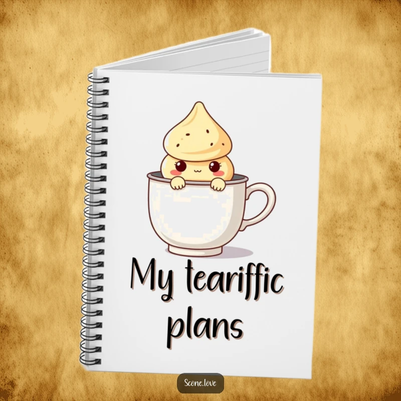 Funny Kawaii Scone Notebook cover featuring a cute scone character peeking from a giant tea infuser, ready for notes.