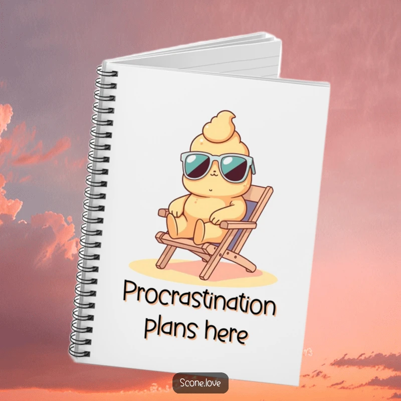 Funny scone wearing sunglasses on a beach chair, a humorous notebook for jotting down ideas and thoughts.