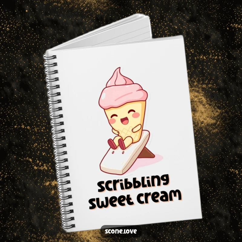 Funny notebook with a kawaii scone character giggling down a whipped cream slide, perfect for jotting notes with a side of dessert fun.