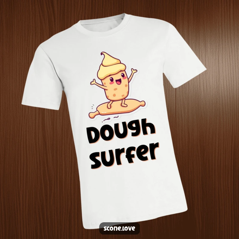 Funny Kawaii Scone T-Shirt: a scone rides a rolling pin like a surfboard with excitement, perfect funny apparel.