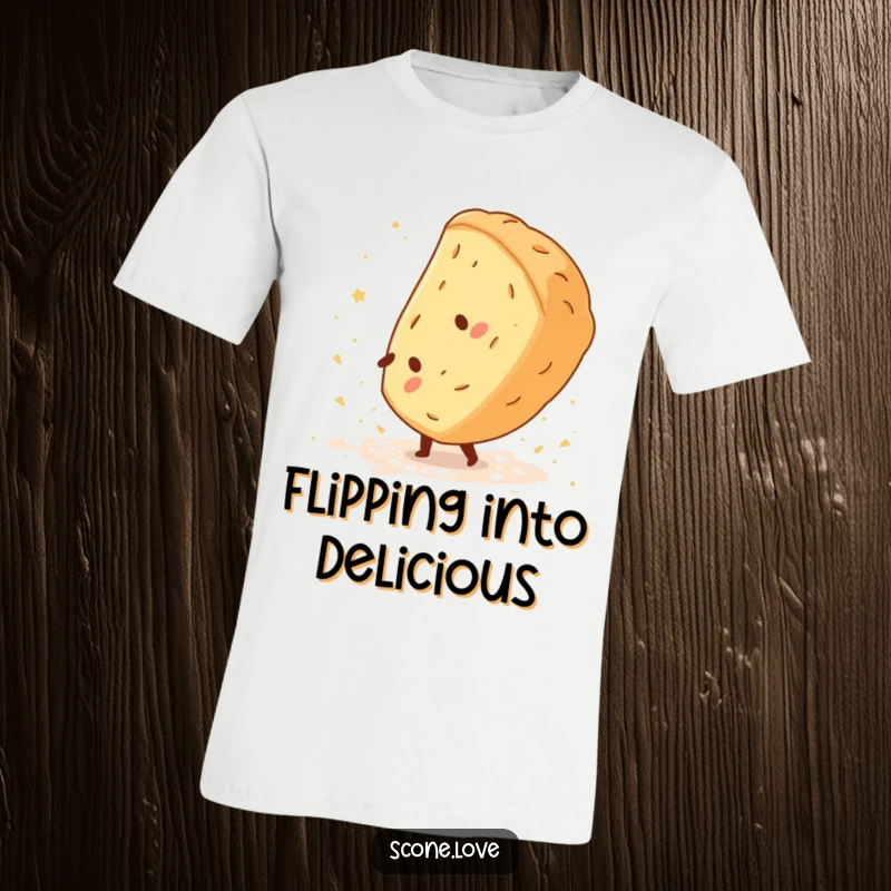 Funny Scone Cartwheel T-Shirt depicts a cheerful scone doing a cartwheel, leaving a trail of flour dust, full of fun.
