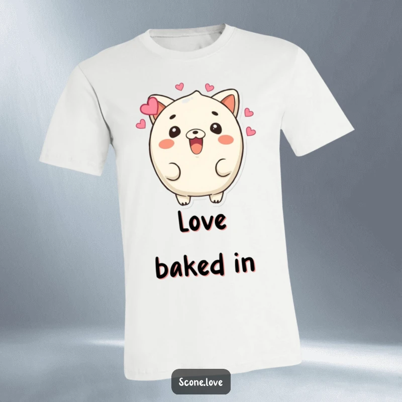 Funny Beaming Scone T-Shirt: A scone character beams with hearts floating around, conveying sweet love and humorous happiness.