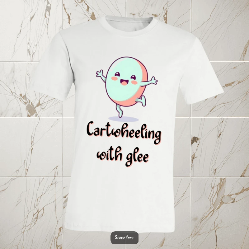 Funny candy t-shirt showcasing a grinning candy doing a cartwheel, ideal for parties and funny gift ideas.