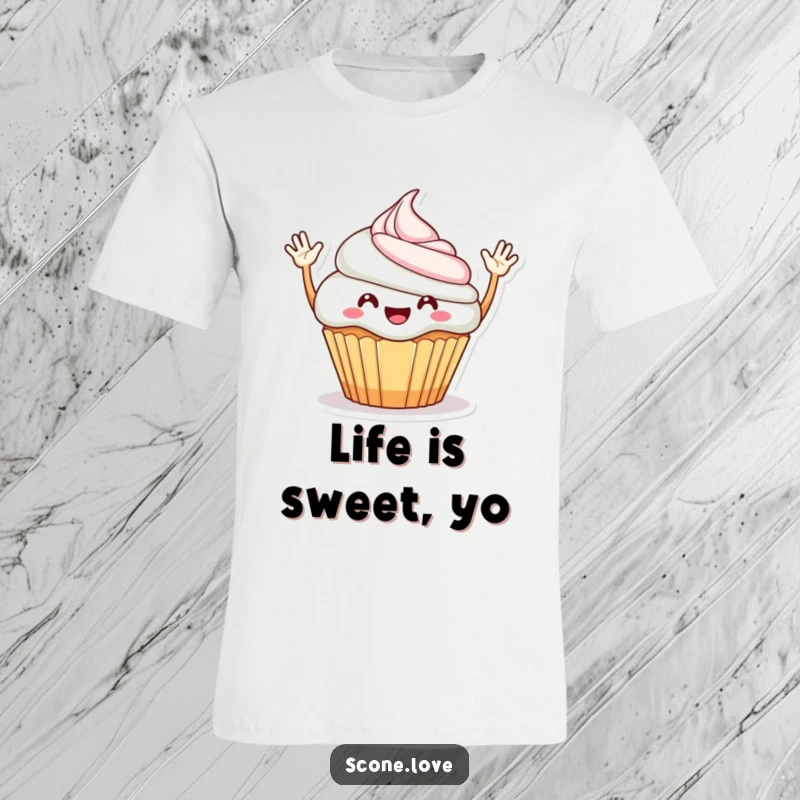 Funny T-Shirt: A smiling cupcake with energetic arms waving hello, symbolizing sweetness, joy, and a passion for treats.