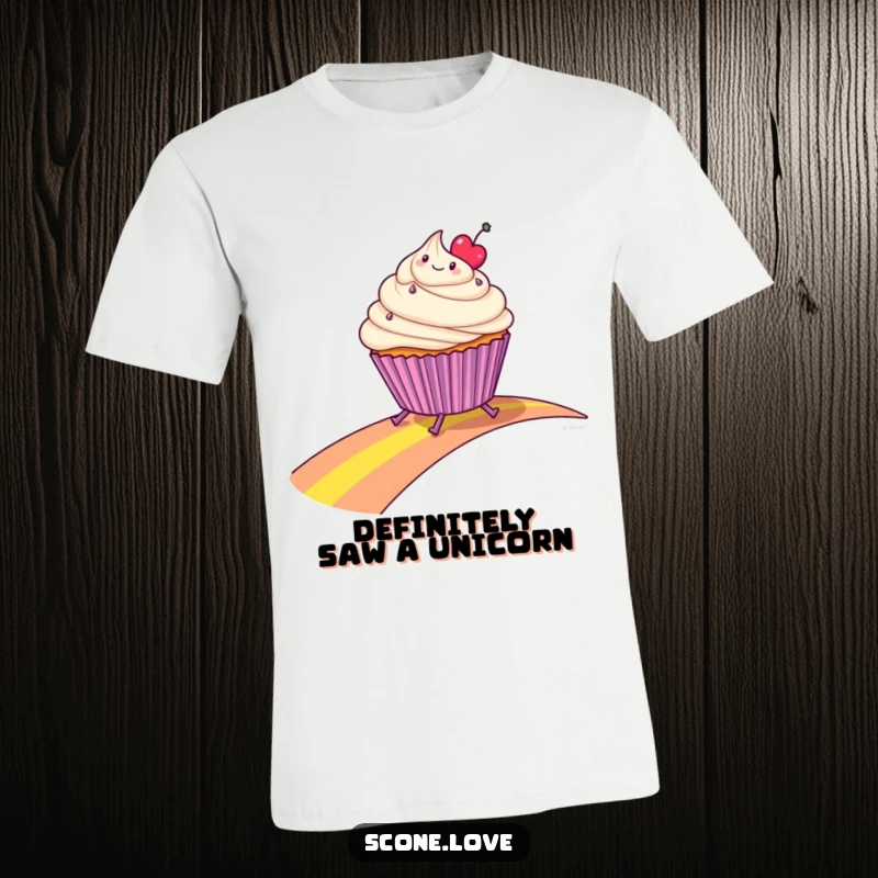 Funny T-shirt with a cheerful cupcake with small legs, sliding down a colorful rainbow path, radiating happiness.