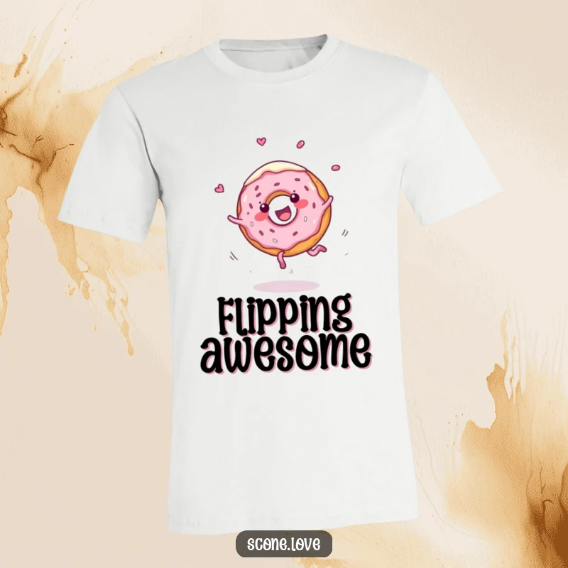 Funny t-shirt displays a joyful donut doing a cartwheel with swirls of frosting flying, embodying energetic and sweet fun.