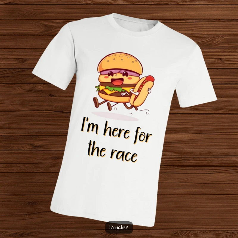 Funny t-shirt design of a hamburger with legs leading a hot dog in a sprint, capturing a moment of hilarious athletic competition.