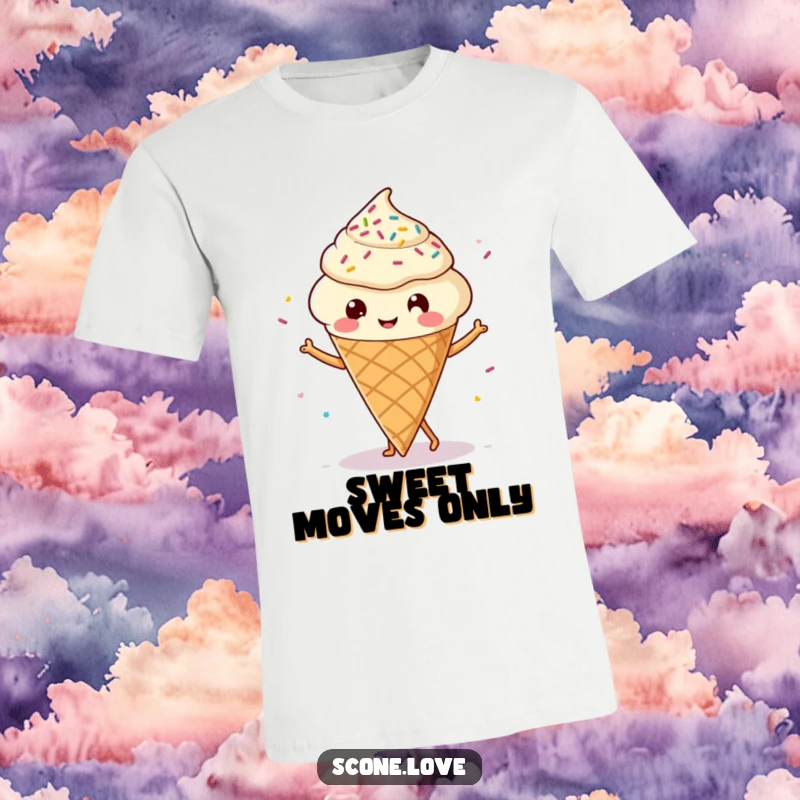 Funny Kawaii Scone T-Shirt: A cute scone with tiny legs joyfully dancing amongst colorful sprinkles, a whimsical design.