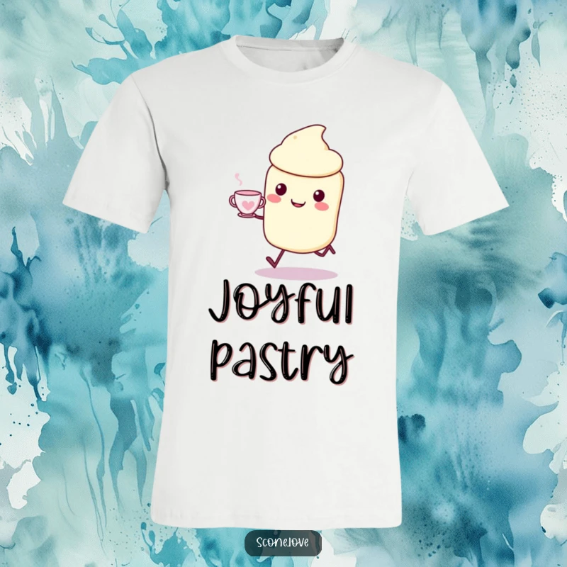 Funny Kawaii Scone T-Shirt: a happy scone character skips joyfully, holding a teacup, great funny apparel.