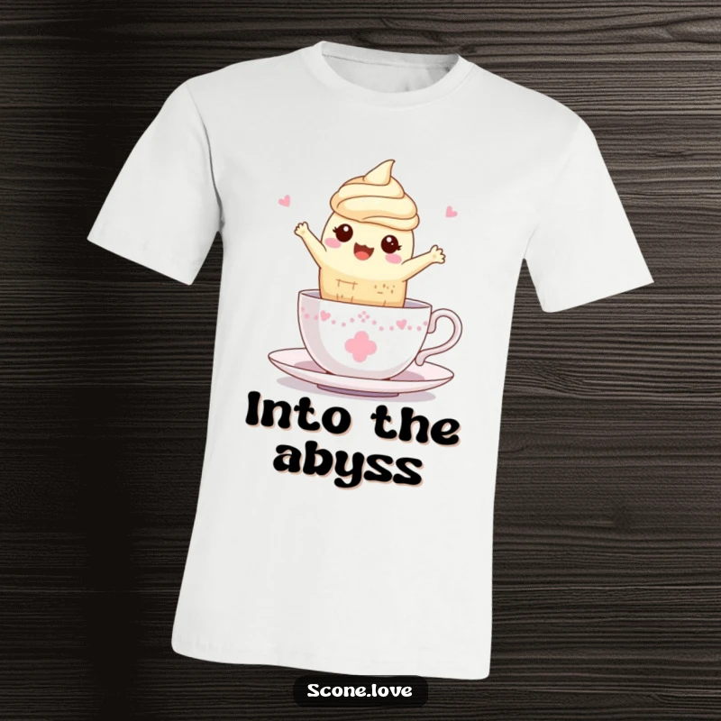 Funny Kawaii Scone Teacup T-Shirt: A scone leaps with pure joy into a teacup, embodying tea time bliss.