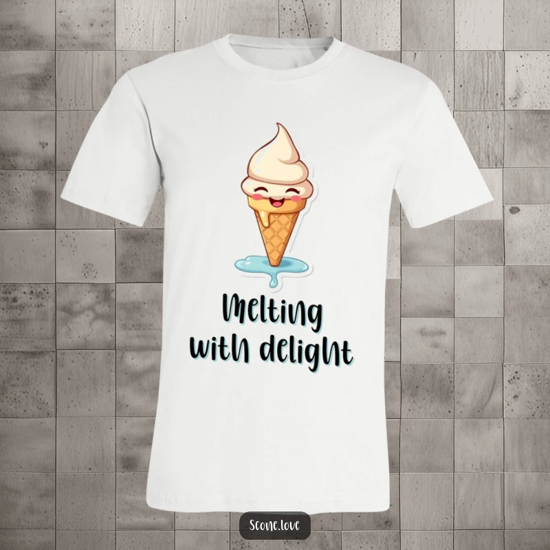 Funny t-shirt graphic of a tiny ice cream cone happily melting, expressing pure delight and a love for sweet treats.