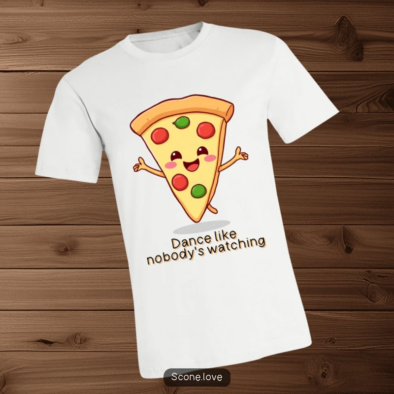 Funny T-shirt featuring a jubilant pizza slice performing a triumphant dance with its crust, perfect for pizza enthusiasts.