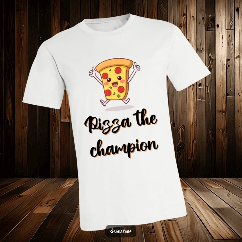 Funny t-shirt displays a pizza slice with arms outstretched, completing a victory lap, representing a triumphant and cheesy win.