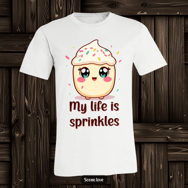 Funny t-shirt showcasing a kawaii scone with wide eyes, joyfully catching colorful sprinkles mid-air, a whimsical baking-themed present.