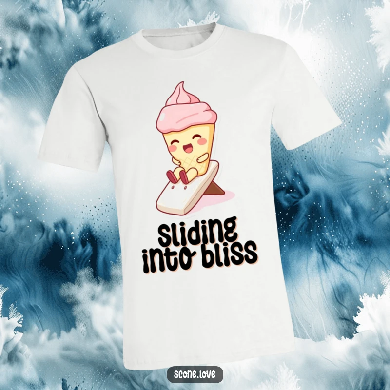 Funny t-shirt featuring a kawaii scone character laughing hysterically while riding a whipped cream slide, a playful baking-themed present.