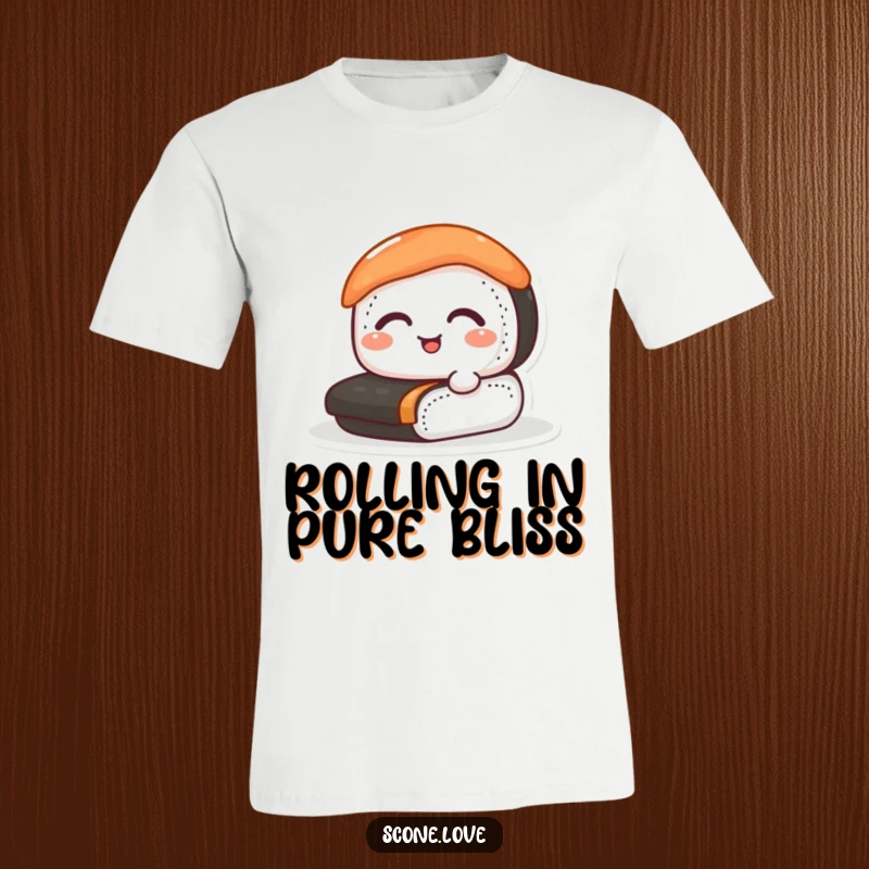 Funny sushi t-shirt featuring a joyful sushi roll with closed eyes, mid-roll, ideal for food lovers and gift ideas.