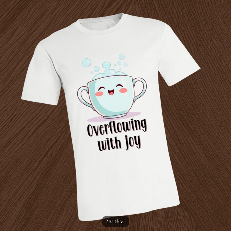 Funny teacup t-shirt featuring a smiling teacup pouring out a stream of bubbles, symbolizing effervescent happiness and humor.