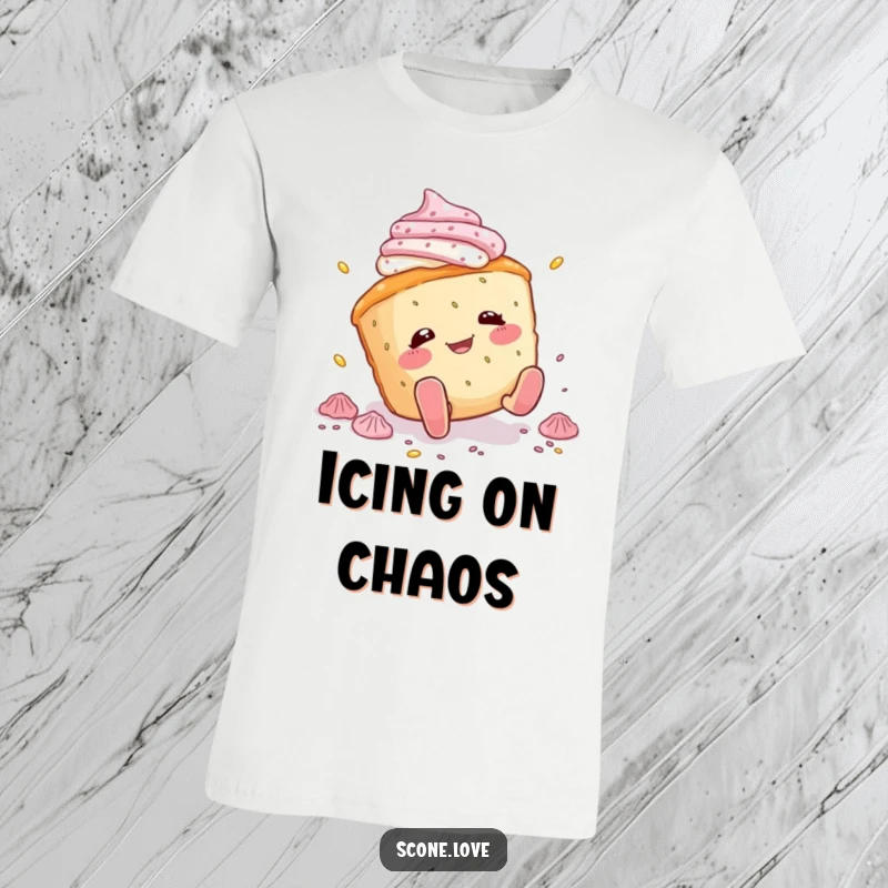 Funny scone t-shirt featuring a scone character comically tripping over its feet, scattering icing, great for those who embrace life's funny stumbles.